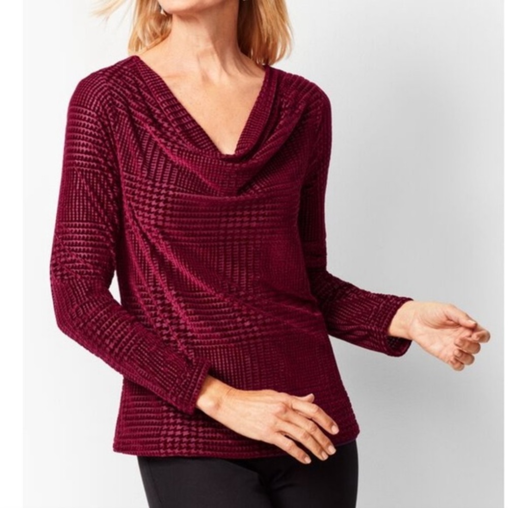 Talbots Houndstooth Velvet Burnout Cowlneck top burgundy red L